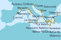 Visitando Barcelona, Marsella (Francia), Portofino (Italia), Livorno, Pisa y Florencia (Italia), Civitavecchia (Roma), Messina (Sicilia), La Valletta (Malta), La Valletta (Malta), La Goulette (Tunez), Nafplion (Grecia), Atenas (Grecia), Rodas (Grecia), Kusadasi (Efeso/Turquía), Estambul (Turquía), Estambul (Turquía), Mykonos (Grecia), Bahía de Souda (Grecia), Katakolon (Olimpia/Grecia), Sarande (Albania), Dubrovnik (Croacia), Hvar (Croacia), Trieste (Italia)