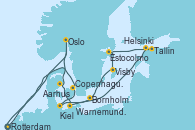 Visitando Rotterdam (Holanda), Oslo (Noruega), Aarhus (Dinamarca), Warnemunde (Alemania), Tallin (Estonia), Helsinki (Finlandia), Estocolmo (Suecia), Visby (Suecia), Bornholm (Dinamarca), Kiel (Alemania), Copenhague (Dinamarca), Rotterdam (Holanda)