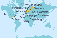 Visitando Rotterdam (Holanda), Oslo (Noruega), Aarhus (Dinamarca), Warnemunde (Alemania), Tallin (Estonia), Helsinki (Finlandia), Estocolmo (Suecia), Visby (Suecia), Bornholm (Dinamarca), Kiel (Alemania), Copenhague (Dinamarca), Rotterdam (Holanda), Zeebrugge (Bruselas), Le Havre (Francia), Portland, Dorset (Reino Unido), Brest (Francia), Kings Wharf (Bermudas), Isla Pequeña (San Salvador/Bahamas), Fort Lauderdale (Florida/EEUU)