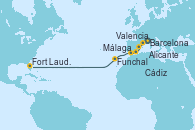 Visitando Barcelona, Valencia, Alicante (España), Málaga, Cádiz (España), Funchal (Madeira), Fort Lauderdale (Florida/EEUU)