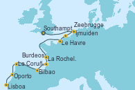 Visitando Southampton (Inglaterra), Ijmuiden (Ámsterdam), Zeebrugge (Bruselas), Le Havre (Francia), La Rochelle (Francia), Burdeos (Francia), Bilbao (España), La Coruña (Galicia/España), Oporto (Portugal), Lisboa (Portugal)
