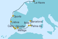 Visitando Le Havre (Francia), Oporto (Portugal), Lisboa (Portugal), Gibraltar (Inglaterra), Cádiz (España), Málaga, Ibiza (España), Palma de Mallorca (España), Barcelona