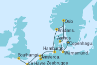 Visitando Copenhague (Dinamarca), Warnemunde (Alemania), Aarhus (Dinamarca), Oslo (Noruega), Kristiansand (Noruega), Hamburgo (Alemania), Hamburgo (Alemania), Ámsterdam (Holanda), Zeebrugge (Bruselas), Le Havre (Francia), Southampton (Inglaterra)