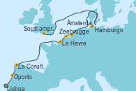 Visitando Lisboa (Portugal), Oporto (Portugal), La Coruña (Galicia/España), Le Havre (Francia), Zeebrugge (Bruselas), Ámsterdam (Holanda), Hamburgo (Alemania), Hamburgo (Alemania), Southampton (Inglaterra)