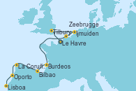 Visitando Le Havre (Francia), Tilbury (Gran Bretaña), Ijmuiden (Ámsterdam), Zeebrugge (Bruselas), Burdeos (Francia), Bilbao (España), La Coruña (Galicia/España), Oporto (Portugal), Lisboa (Portugal)