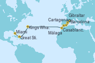 Visitando Barcelona, Cartagena (Murcia), Málaga, Gibraltar (Inglaterra), Casablanca (Marruecos), Kings Wharf (Bermudas), Great Stirrup Cay (Bahamas), Miami (Florida/EEUU)