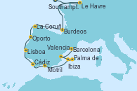 Visitando Southampton (Inglaterra), Le Havre (Francia), Burdeos (Francia), La Coruña (Galicia/España), Oporto (Portugal), Lisboa (Portugal), Cádiz (España), Motril (Granada/Andalucía), Ibiza (España), Palma de Mallorca (España), Valencia, Barcelona