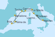 Visitando Civitavecchia (Roma), Nápoles (Italia), Livorno, Pisa y Florencia (Italia), Livorno, Pisa y Florencia (Italia), La Spezia, Florencia y Pisa (Italia), Cannes (Francia), Toulon (Francia), Palma de Mallorca (España), Ibiza (España), Barcelona