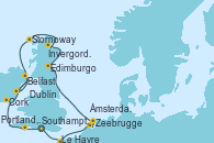 Visitando Southampton (Inglaterra), Le Havre (Francia), Zeebrugge (Bruselas), Ámsterdam (Holanda), Edimburgo (Escocia), Invergordon (Escocia), Stornoway (Isla de Lewis/Escocia), Dublin (Irlanda), Belfast (Irlanda), Cork (Irlanda), Portland, Dorset (Reino Unido), Southampton (Inglaterra)