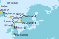 Visitando Southampton (Inglaterra), Edimburgo (Escocia), Kirkwall (Escocia), Haugesund (Noruega), Bergen (Noruega), Aalesund (Noruega), Lerwick (Escocia), Tórshavn (Dinamarca), Djupivogur (Islandia), Akureyri (Islandia), Ísafjörður (Islandia), Reykjavik (Islandia)