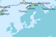 Visitando Tromso (Noruega), Leknes (Noruega), Alta (Noruega), Hammerfest (Noruega), Honningsvag (Noruega), Longyearbyen (Noruega), Longyearbyen (Noruega), Akureyri (Islandia), Ísafjörður (Islandia), Reykjavik (Islandia)