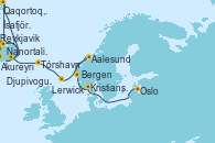 Visitando Reykjavik (Islandia), Qaqortoq, Greeland, Nanortalik (Groenlandia), Ísafjörður (Islandia), Akureyri (Islandia), Djupivogur (Islandia), Tórshavn (Dinamarca), Lerwick (Escocia), Aalesund (Noruega), Bergen (Noruega), Kristiansand (Noruega), Oslo (Noruega)