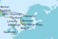 Visitando Oslo (Noruega), Kristiansand (Noruega), Stavanger (Noruega), Bergen (Noruega), Kristiansand (Noruega), Aalesund (Noruega), Reykjavik (Islandia), Ísafjörður (Islandia), Akureyri (Islandia), Djupivogur (Islandia), Tórshavn (Dinamarca), Lerwick (Escocia), Edimburgo (Escocia), Southampton (Inglaterra)