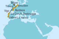 Visitando Bilbao (España), Burdeos (Francia), Ijmuiden (Ámsterdam), Tilbury (Gran Bretaña), Zeebrugge (Bruselas), Le Havre (Francia), La Coruña (Galicia/España), Vigo (España), Lisboa (Portugal), Bilbao (España)