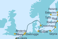 Visitando Le Havre (Francia), Zeebrugge (Bruselas), Tilbury (Gran Bretaña), Ámsterdam (Holanda), Copenhague (Dinamarca), Rostock (Alemania), Gdynia (Polonia), Klaipeda (Lituania), Riga (Letonia), Helsinki (Finlandia), Tallin (Estonia), Estocolmo (Suecia)