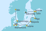 Visitando Estocolmo (Suecia), Helsinki (Finlandia), Tallin (Estonia), Riga (Letonia), Klaipeda (Lituania), Gdynia (Polonia), Warnemunde (Alemania), Kiel (Alemania), Copenhague (Dinamarca), Oslo (Noruega)
