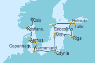 Visitando Oslo (Noruega), Kristiansand (Noruega), Aarhus (Dinamarca), Copenhague (Dinamarca), Warnemunde (Alemania), Gdynia (Polonia), Visby (Suecia), Riga (Letonia), Helsinki (Finlandia), Tallin (Estonia), Estocolmo (Suecia)