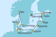 Visitando Estocolmo (Suecia), Helsinki (Finlandia), Tallin (Estonia), Riga (Letonia), Klaipeda (Lituania), Gdynia (Polonia), Warnemunde (Alemania), Kiel (Alemania), Aarhus (Dinamarca), Oslo (Noruega), Oslo (Noruega), Copenhague (Dinamarca)