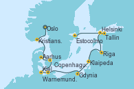 Visitando Oslo (Noruega), Kristiansand (Noruega), Aarhus (Dinamarca), Copenhague (Dinamarca), Kiel (Alemania), Warnemunde (Alemania), Gdynia (Polonia), Klaipeda (Lituania), Riga (Letonia), Helsinki (Finlandia), Tallin (Estonia), Estocolmo (Suecia)