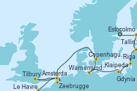 Visitando Estocolmo (Suecia), Estocolmo (Suecia), Tallin (Estonia), Riga (Letonia), Klaipeda (Lituania), Gdynia (Polonia), Warnemunde (Alemania), Copenhague (Dinamarca), Ámsterdam (Holanda), Tilbury (Gran Bretaña), Zeebrugge (Bruselas), Le Havre (Francia)