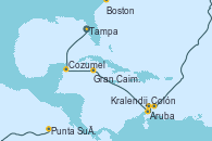Visitando Tampa (Florida), Cozumel (México), Gran Caimán (Islas Caimán), Aruba (Antillas), Colón, Kralendijk (Antillas), Punta Suárez (Galápagos/Ecuador), Boston (Massachusetts)