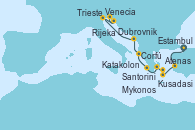 Visitando Estambul (Turquía), Kusadasi (Efeso/Turquía), Santorini (Grecia), Mykonos (Grecia), Atenas (Grecia), Katakolon (Olimpia/Grecia), Corfú (Grecia), Dubrovnik (Croacia), Venecia (Italia), Rijeka (Croacia), Trieste (Italia)