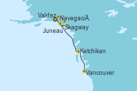 Visitando Whittier (Alaska), Valdez (Alaska), Navegación por Glaciar Hubbard (Alaska), Skagway (Alaska), Juneau (Alaska), Ketchikan (Alaska), Vancouver (Canadá)