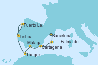 Visitando Barcelona, Palma de Mallorca (España), Cartagena (Murcia), Málaga, Tánger (Marruecos), Puerto Leixões (Portugal), Lisboa (Portugal)