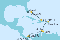 Visitando Miami (Florida/EEUU), Great Stirrup Cay (Bahamas), Puerto Plata, Republica Dominicana, San Juan (Puerto Rico), Colón, Aruba (Antillas), Canal Panamá, Ciudad de Panamá (Panamá), Ciudad de Panamá (Panamá)