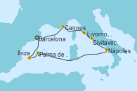 Visitando Barcelona, Cannes (Francia), Livorno, Pisa y Florencia (Italia), Livorno, Pisa y Florencia (Italia), Civitavecchia (Roma), Nápoles (Italia), Palma de Mallorca (España), Ibiza (España), Barcelona