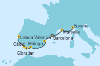 Visitando Barcelona, Marsella (Francia), Savona (Italia), Marsella (Francia), Málaga, Cádiz (España), Lisboa (Portugal), Gibraltar (Inglaterra), Valencia