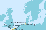Visitando Southampton (Inglaterra), Le Havre (Francia), Brujas (Bélgica), Rotterdam (Holanda), Hamburgo (Alemania), Southampton (Inglaterra)