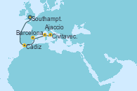 Visitando Southampton (Inglaterra), Cádiz (España), Barcelona, Ajaccio (Córcega), Civitavecchia (Roma)