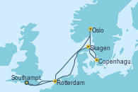 Visitando Southampton (Inglaterra), Copenhague (Dinamarca), Copenhague (Dinamarca), Skagen (Dinamarca), Oslo (Noruega), Oslo (Noruega), Rotterdam (Holanda), Southampton (Inglaterra)