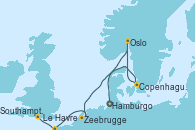 Visitando Hamburgo (Alemania), Copenhague (Dinamarca), Oslo (Noruega), Zeebrugge (Bruselas), Le Havre (Francia), Southampton (Inglaterra)