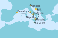 Visitando Venecia (Italia), Split (Croacia), La Valletta (Malta), Messina (Sicilia), Nápoles (Italia), Civitavecchia (Roma), Barcelona