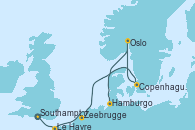 Visitando Southampton (Inglaterra), Le Havre (Francia), Zeebrugge (Bruselas), Copenhague (Dinamarca), Oslo (Noruega), Hamburgo (Alemania)