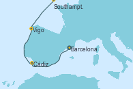 Visitando Barcelona, Cádiz (España), Vigo (España), Southampton (Inglaterra)