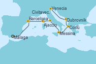 Visitando Málaga, Barcelona, Ajaccio (Córcega), Civitavecchia (Roma), Messina (Sicilia), Corfú (Grecia), Dubrovnik (Croacia), Venecia (Italia)