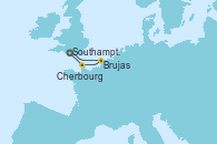 Visitando Southampton (Inglaterra), Brujas (Bélgica), Cherbourg (Francia), Southampton (Inglaterra)