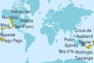 Visitando Sydney (Australia), Picton (Australia), Wellington (Nueva Zelanda), Napier (Nueva Zelanda), Tauranga (Nueva Zelanda), Auckland (Nueva Zelanda), Bay of Islands (Nueva Zelanda), Cruce de la línea horaria, Pago Pago (Samoa), Papeete (Tahití), Honolulu (Hawai), Maui (Hawai), San Francisco (California/EEUU), Victoria (Canadá), Vancouver (Canadá)