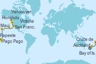 Visitando Auckland (Nueva Zelanda), Bay of Islands (Nueva Zelanda), Cruce de la línea horaria, Pago Pago (Samoa), Papeete (Tahití), Honolulu (Hawai), Maui (Hawai), San Francisco (California/EEUU), Victoria (Canadá), Vancouver (Canadá)