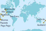 Visitando Vancouver (Canadá), Victoria (Canadá), San Francisco (California/EEUU), Hilo (Hawai), Honolulu (Hawai), Moorea (Tahití), Papeete (Tahití), Papeete (Tahití), Pago Pago (Samoa), Cruce de la línea horaria, Auckland (Nueva Zelanda)
