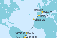 Visitando Buenos aires, Río de Janeiro (Brasil), Salvador de Bahía (Brasil), Recife (Brasil), Santa Cruz de Tenerife (España), Málaga, Marsella (Francia), Savona (Italia)