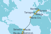 Visitando Buenos aires, Río de Janeiro (Brasil), Salvador de Bahía (Brasil), Recife (Brasil), Santa Cruz de Tenerife (España), Málaga, Marsella (Francia), Savona (Italia), Tarragona (España)