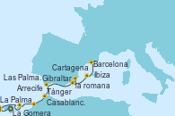 Visitando Las Palmas de Gran Canaria (España), La Palma (Islas Canarias/España), La Gomera (Islas Canarias/España), Arrecife (Lanzarote/España), Casablanca (Marruecos), Tánger (Marruecos), Gibraltar (Inglaterra), ORAN, Cartagena (Murcia), Ibiza (España), Barcelona