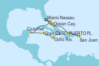 Visitando Miami (Florida/EEUU), Puerto Plata, Republica Dominicana, San Juan (Puerto Rico), Nassau (Bahamas), Ocean Cay MSC Marine Reserve (Bahamas), Miami (Florida/EEUU), Ocho Ríos (Jamaica), Gran Caimán (Islas Caimán), Cozumel (México), Ocean Cay MSC Marine Reserve (Bahamas), Miami (Florida/EEUU)