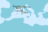 Visitando Marsella (Francia), Génova (Italia), Cannes (Francia), Olbia (Cerdeña), Génova (Italia), Marsella (Francia)