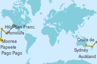 Visitando San Francisco (California/EEUU), Hilo (Hawai), Honolulu (Hawai), Moorea (Tahití), Papeete (Tahití), Papeete (Tahití), Pago Pago (Samoa), Cruce de la línea horaria, Auckland (Nueva Zelanda), Sydney (Australia)