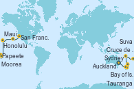 Visitando Sydney (Australia), Bay of Islands (Nueva Zelanda), Auckland (Nueva Zelanda), Tauranga (Nueva Zelanda), Suva (Fiyi), Cruce de la línea horaria, Papeete (Tahití), Papeete (Tahití), Moorea (Tahití), Honolulu (Hawai), Maui (Hawai), San Francisco (California/EEUU)